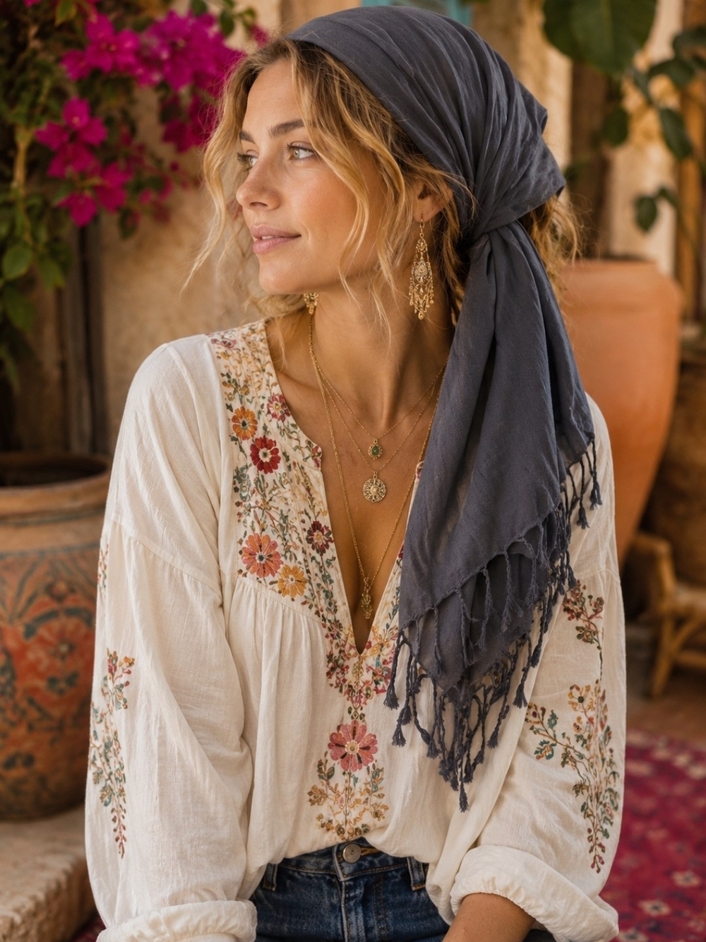 4/$15 Women’s Fringed Crinkle Head Scarf Or Shawl- Boho Relaxed Style